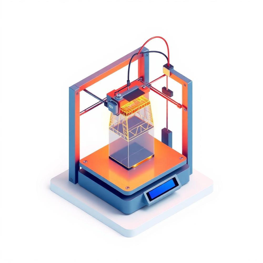Ilustración isométrica de una impresora 3D construyendo un objeto