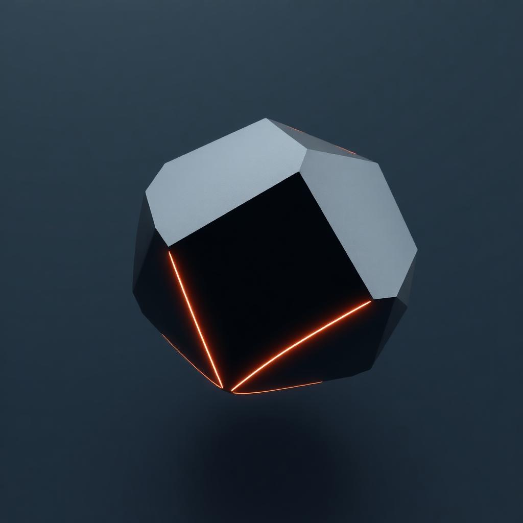 Render 3D de una pieza geométrica con aristas iluminadas en naranja